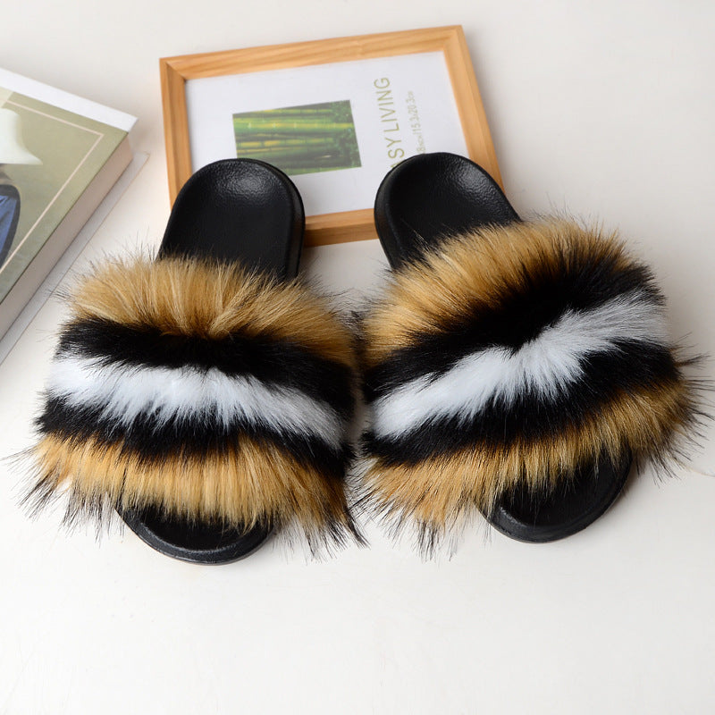 Faux Fox Fur Slippers Women Non Slip Plush Slippers